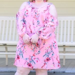 2X Pink Floral Print Long Sleeve Cold Shoulder